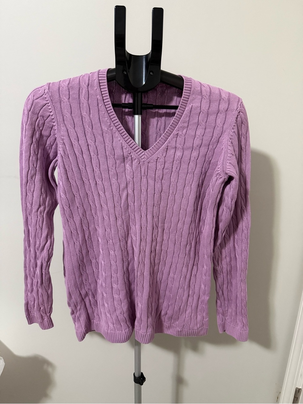 Fairway & Greene Cable Knit Sweater Womens L Purple V Neck Golf Classic Preppy